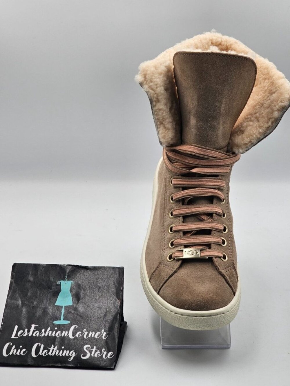 UGG Women's Beige Suede Starlyn Lace-Up Shearling High-Top Trainers Size7.5 3243 - Picture 13 of 16
